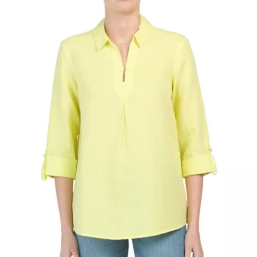 ELLEN TRACY Linen/Cotton Blend Split V Inverted Pleat Tunic Blouse Top size L